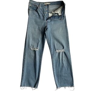 Levis Ribcage Straight Ankle Jeans Light Wash Distressed Blue Denim Size 30